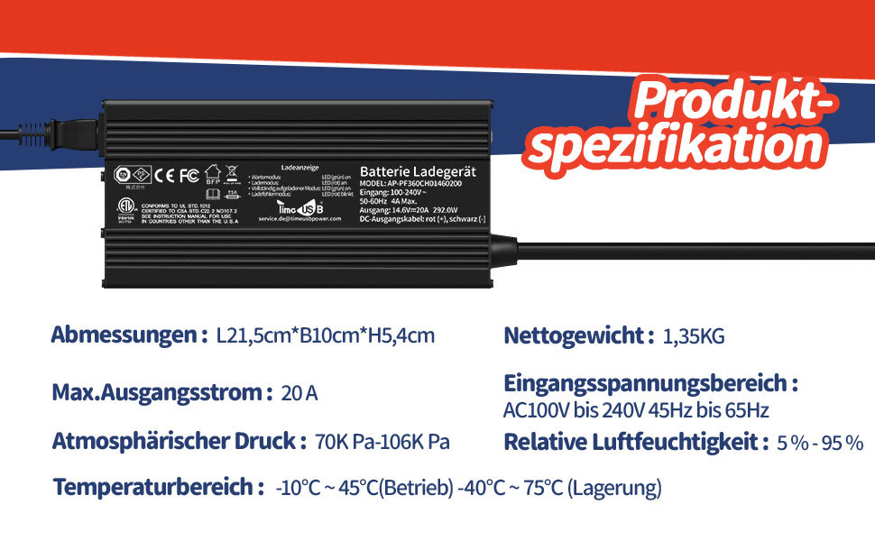 Produktspezifikation von Timeusb Ladegerät LiFePO4 14,6V 20A für 12V Batterie