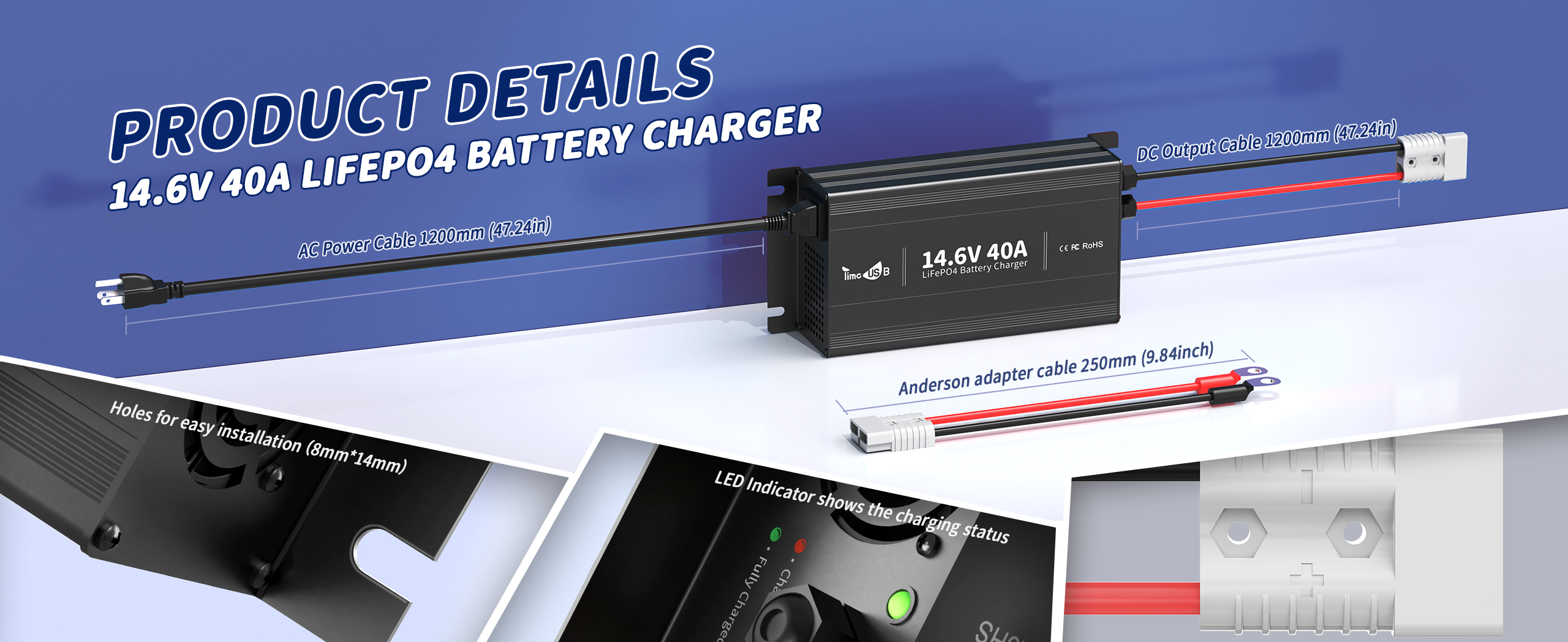 Product details for 14.6V 40A battery charger, smart battery charger