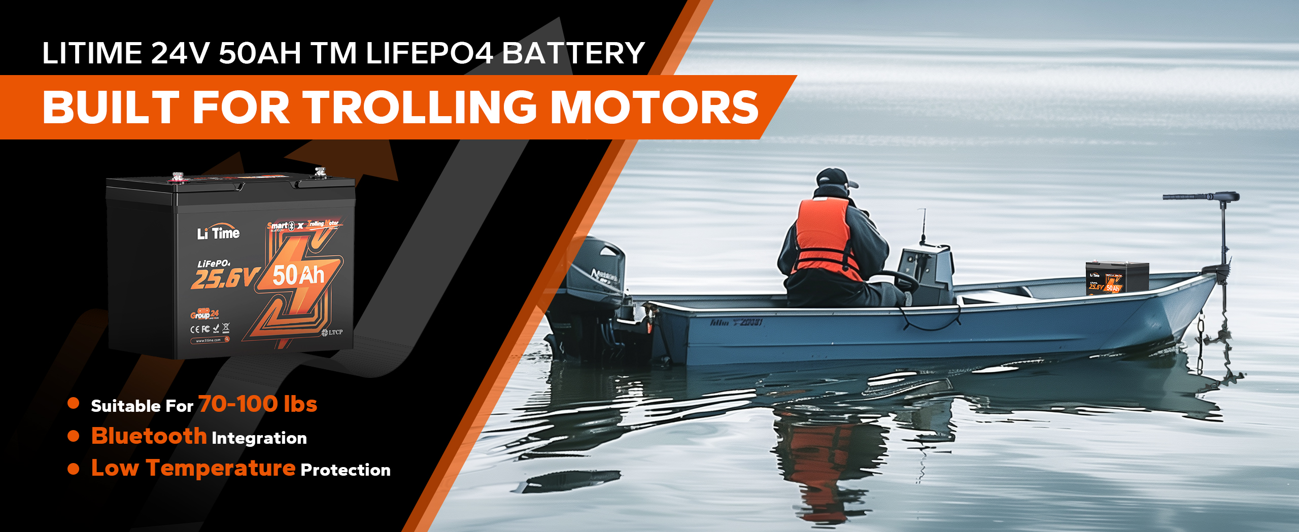 LiTIme 24V 100A marine battery for 70~100lbs trolling motor 