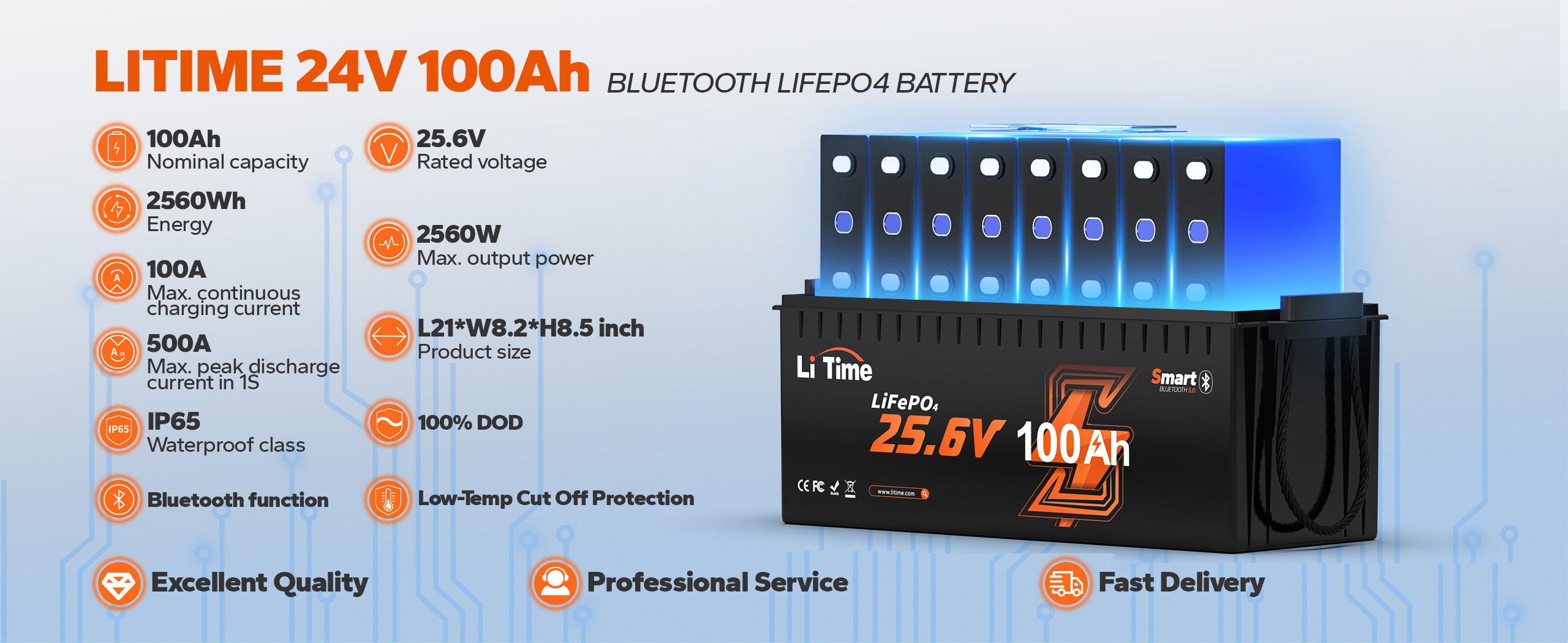 the specifications of LiTime 24V 100Ah LiFePO4 marine trolling motor battery