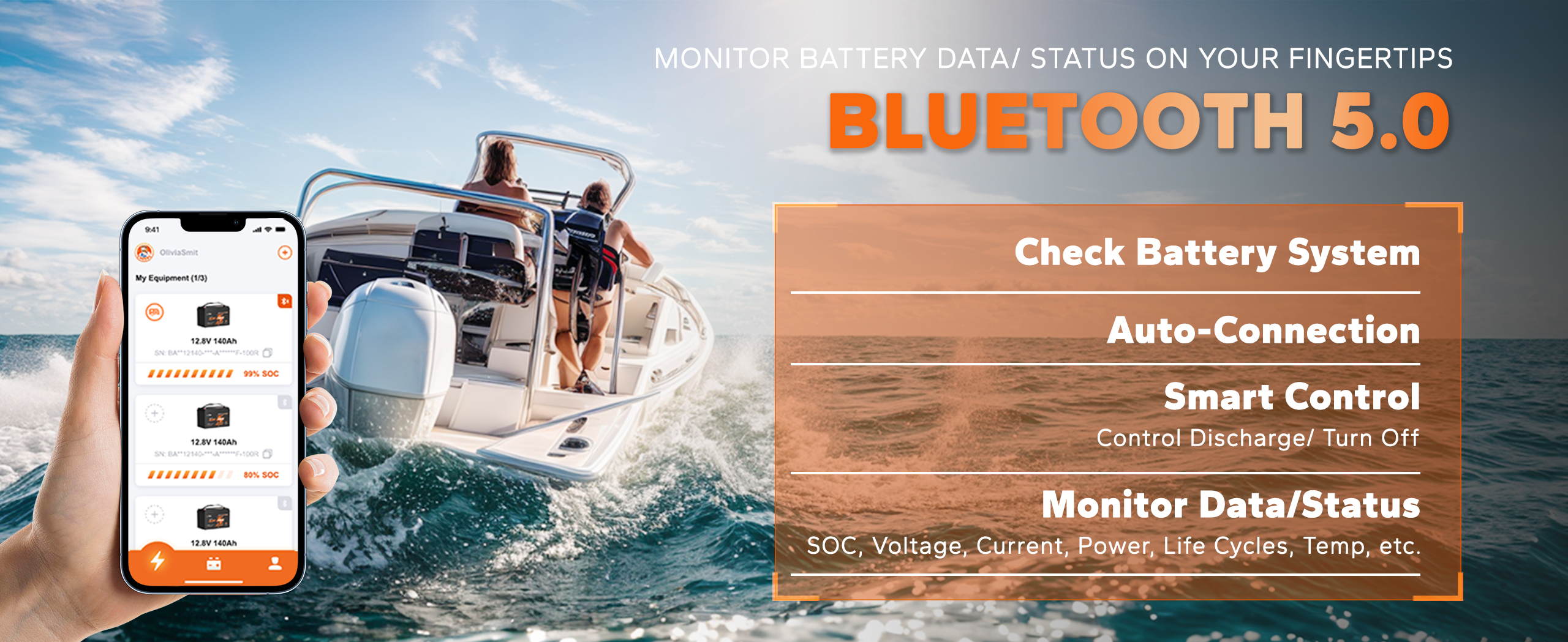 marine starting battery with smart Bluetooth