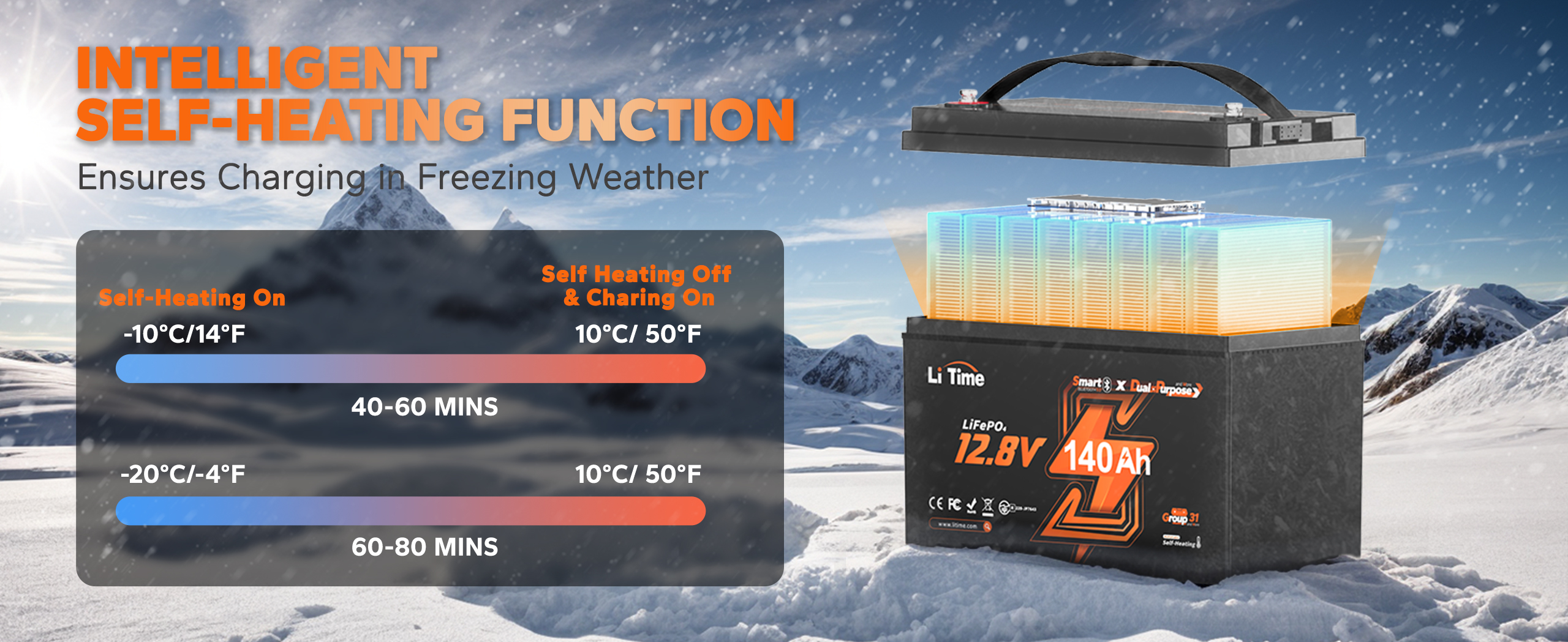 marine starting battery with built-in battery heating pad