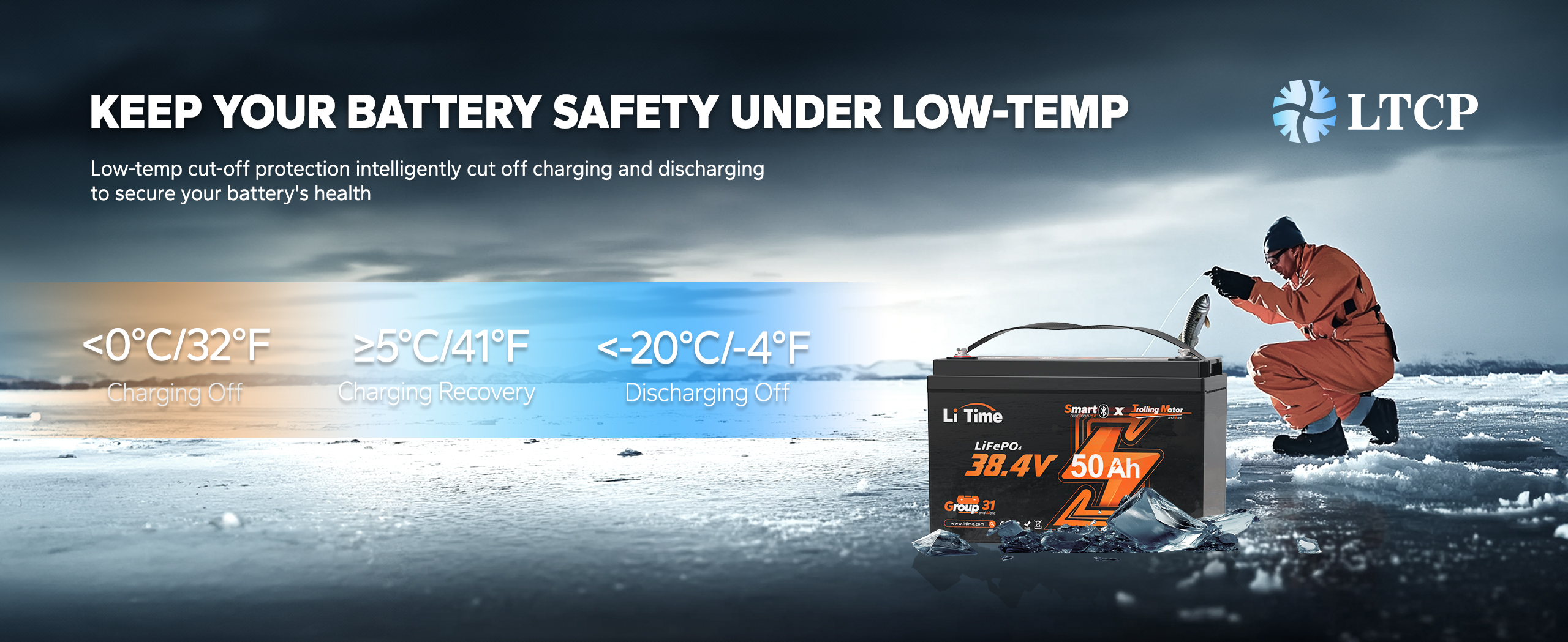 trolling motor battery with low-temperature protection