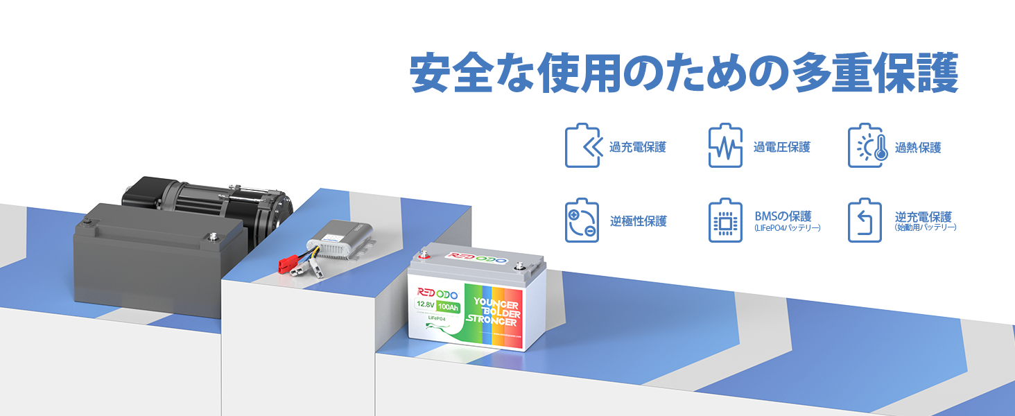 安全な使用のための多重保護：過充電保護、過電圧保護、過熱保護、逆極性保護、BMSの保護、逆充電保護