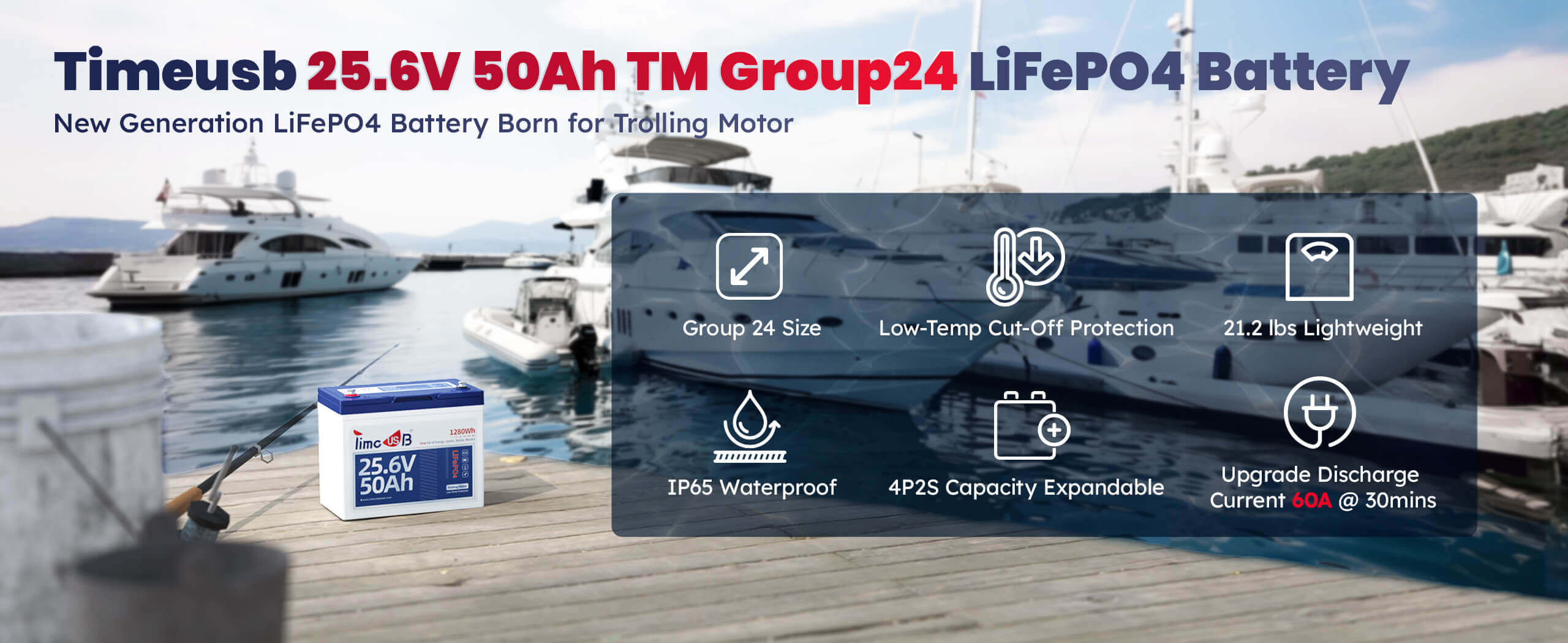 Timeusb 24V 50Ah Lithium Trolling Motor Battery with Low-Temperature Protection