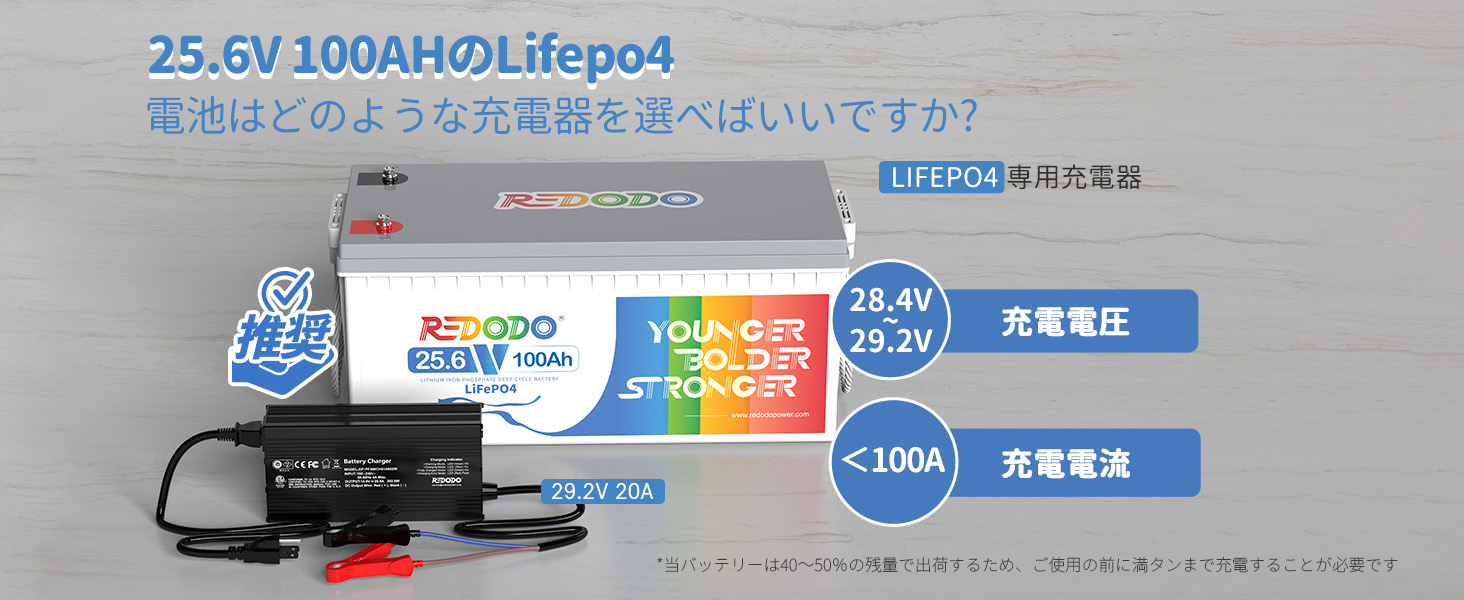 Redodo 24V 100Ahリン酸鉄リチウムオンバッテリー 大容量の家庭用電源は29.2V 20ALiFePO4専用充電器を推薦します。