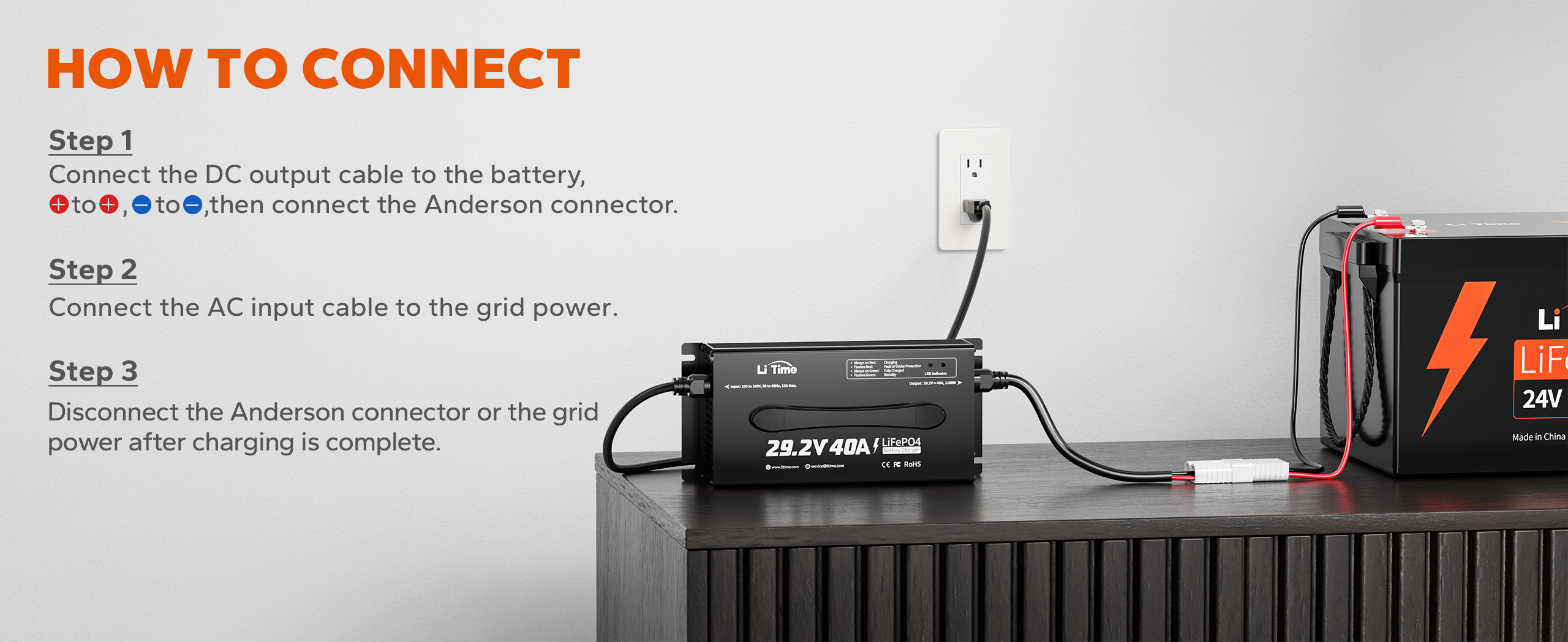 LiTime Charger for 24V Battery with Easy Connection