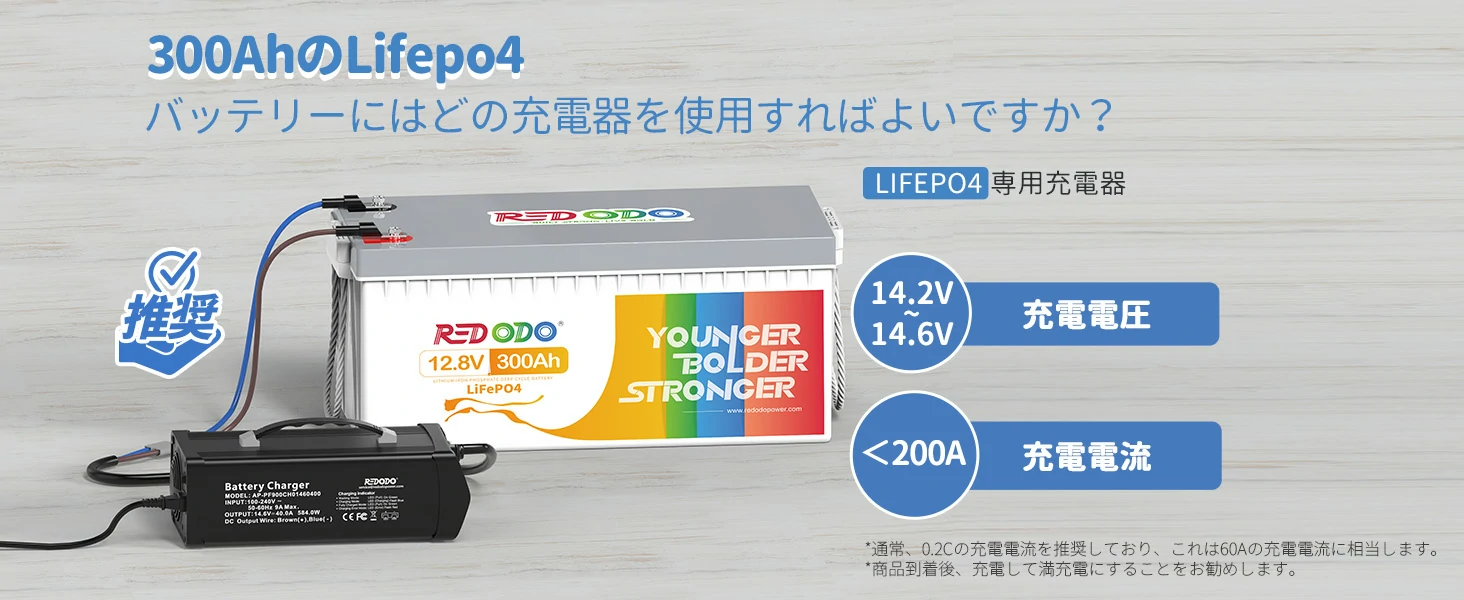 おすすめの充電電圧は14.2Ｖから14.6Ｖまでで、おすすめの充電電圧は200あ以下です。LiFePO4専用の充電器による充電がおすすめです。