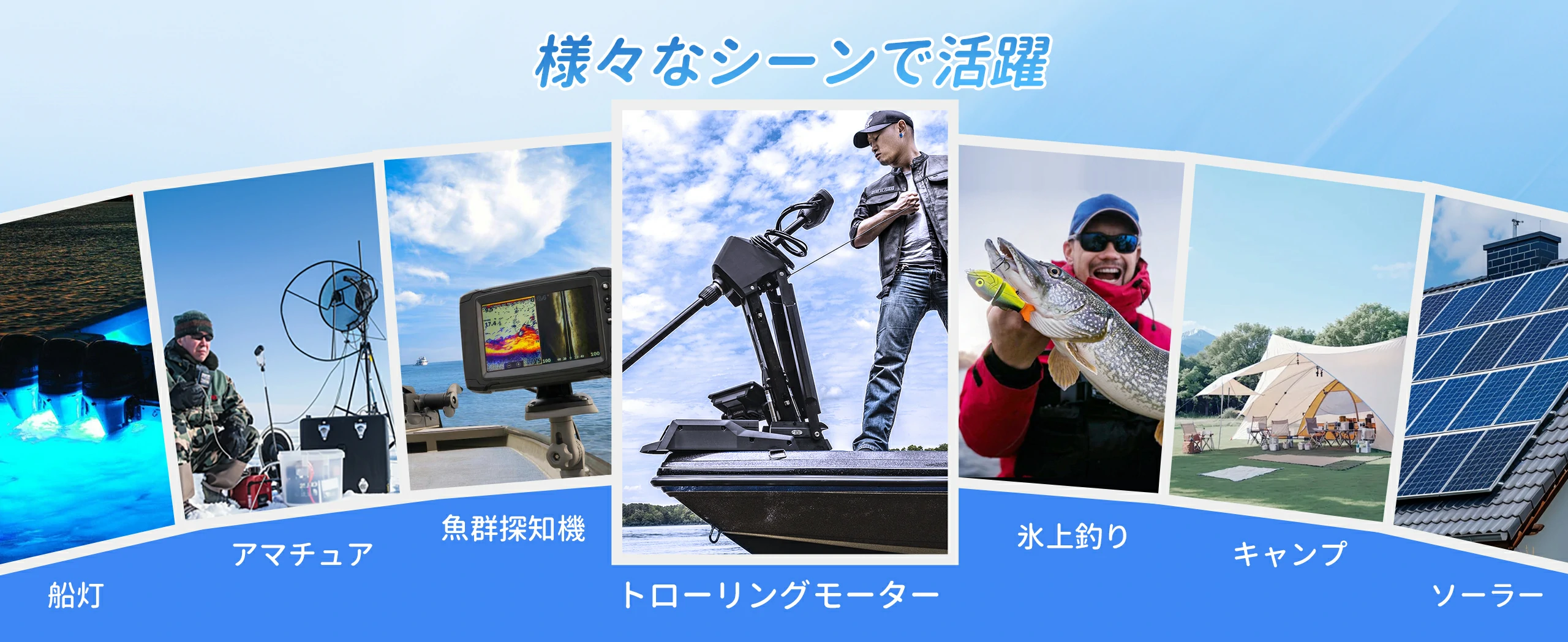 キャンピングカー用、家庭蓄電、オフグリッド、エレキモーター、魚群探知機など、様々な用途に利用できます。