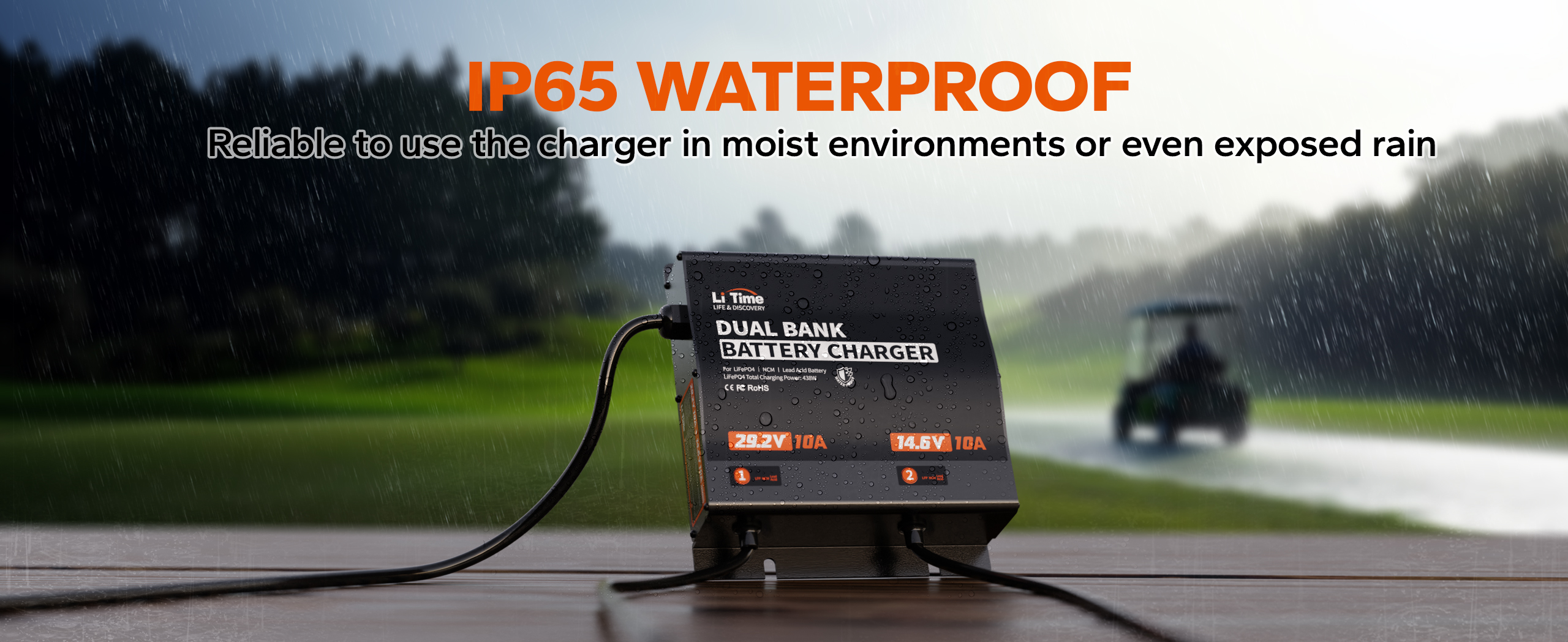 LiTime IP65 waterproof on-board dual bank battery charger 