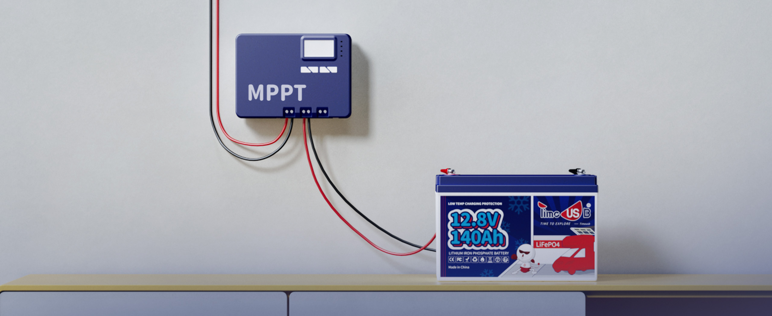 Timeusb 12V Lithium Ion Battery 140Ah with Low-Temp Protection with solar panel and MPPT controller