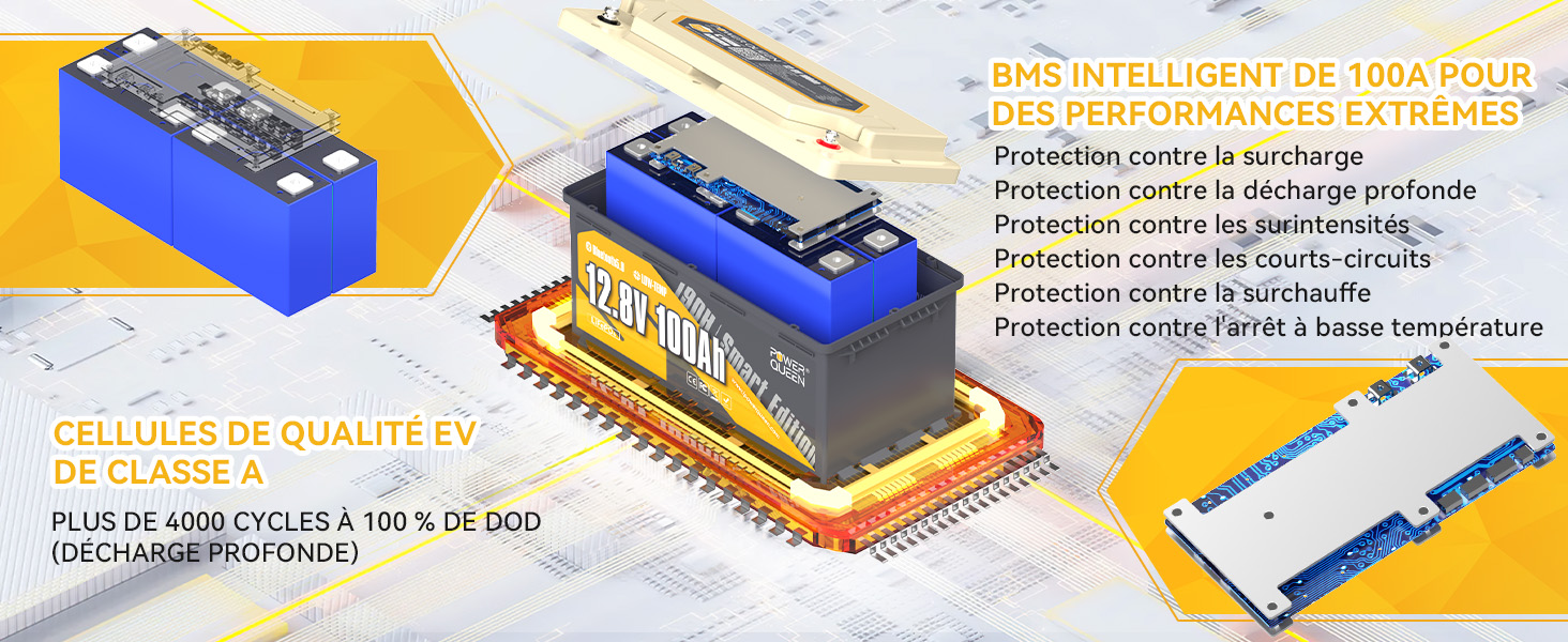 BMS et Cellule Supérieure, Batterie Lithium 12V 100Ah RV1990