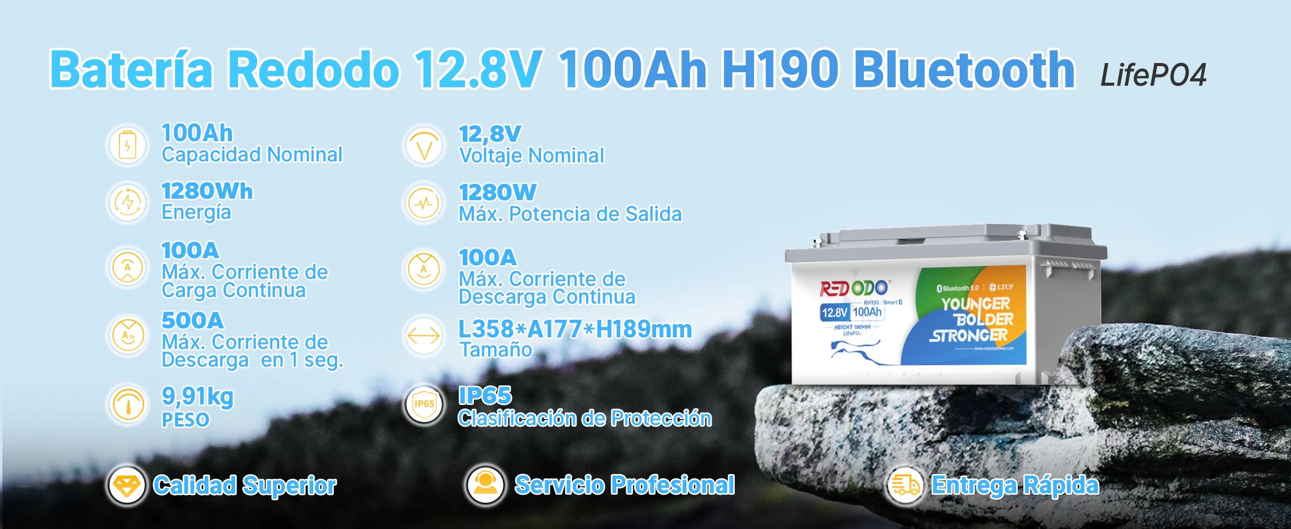 Redodo Bateria LiFePO4 12v 100ah H190 Especificaciones