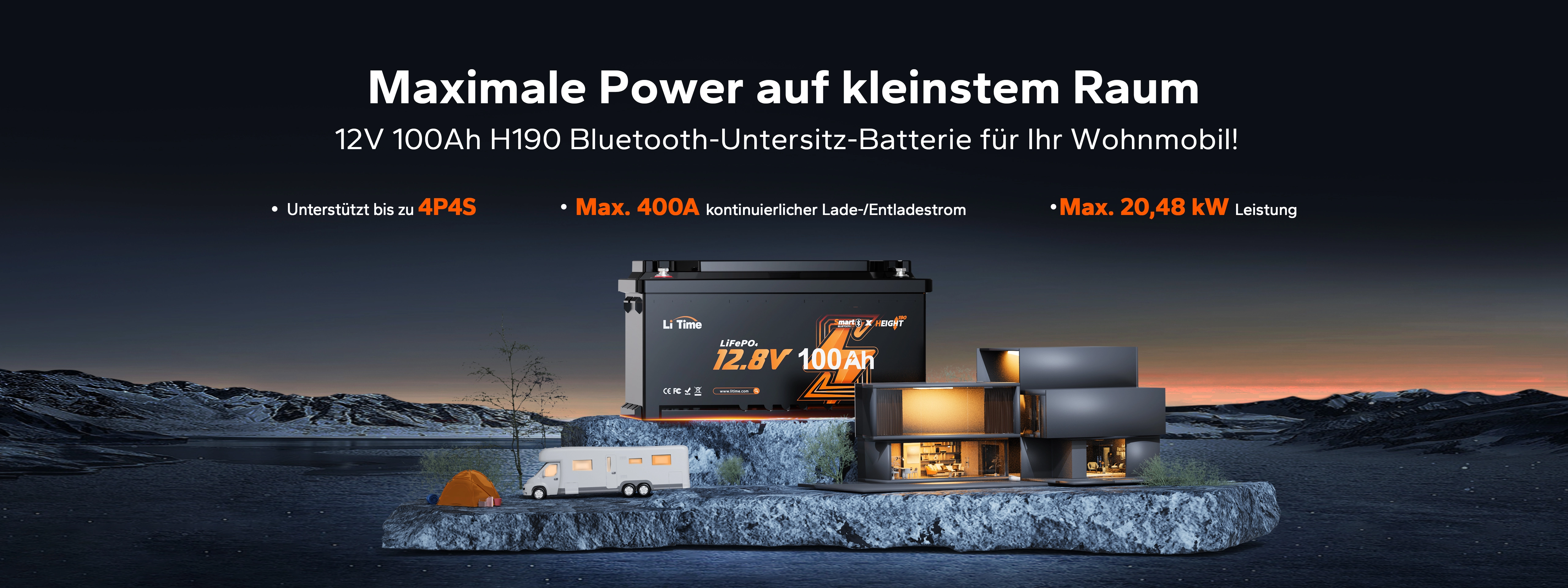 LiTime 12V 100Ah H190  Lithium Batterie verfügt über maximale Leistung auf kleinstem Raum.