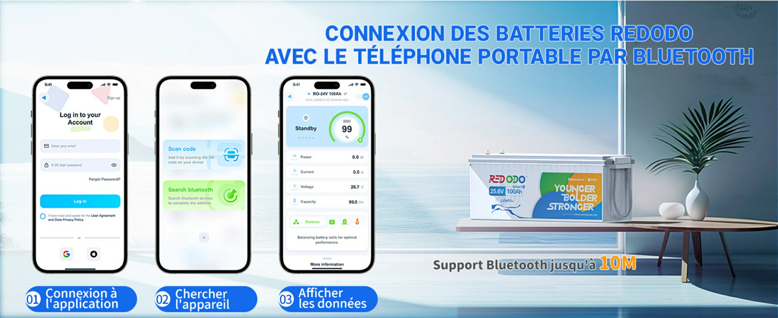 24V 100Ah Batterie LiFePO4 avec Bluetooth Application