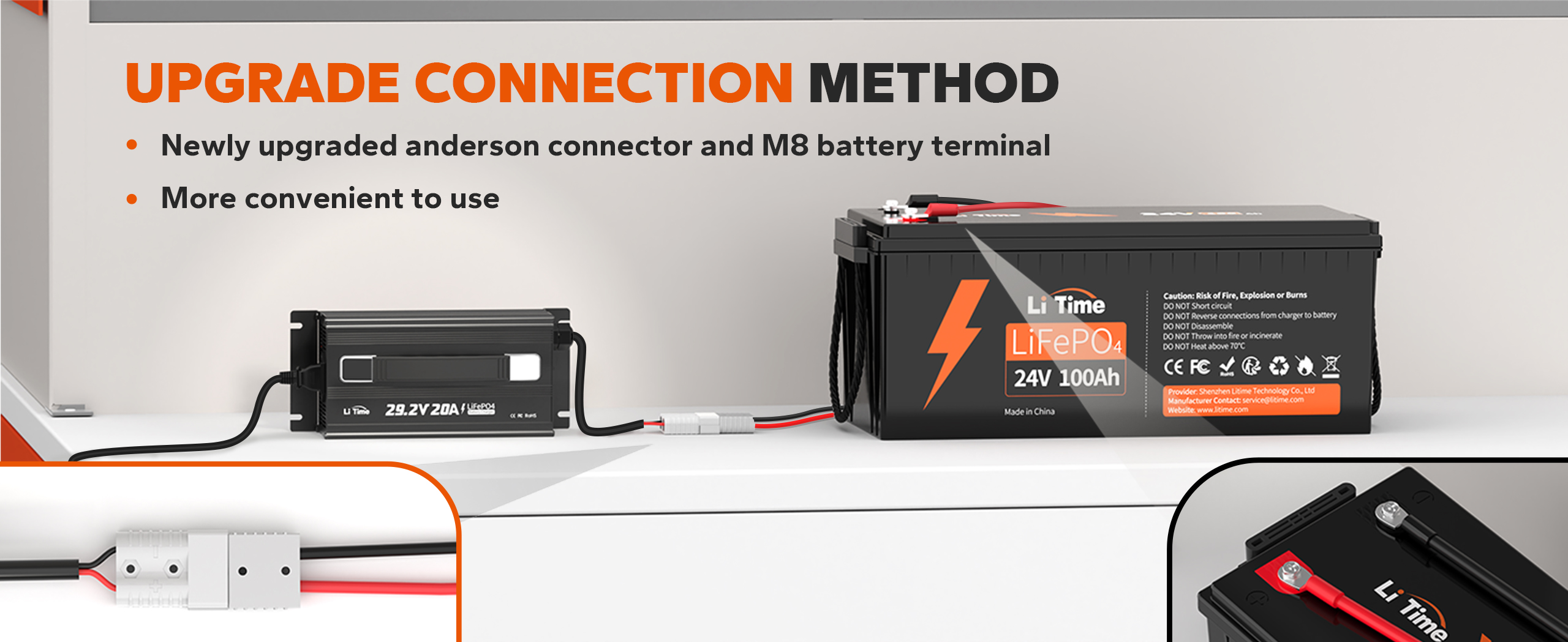 LiTime lithium battery charger with upgraded Anderson connector and M8 battery terminal