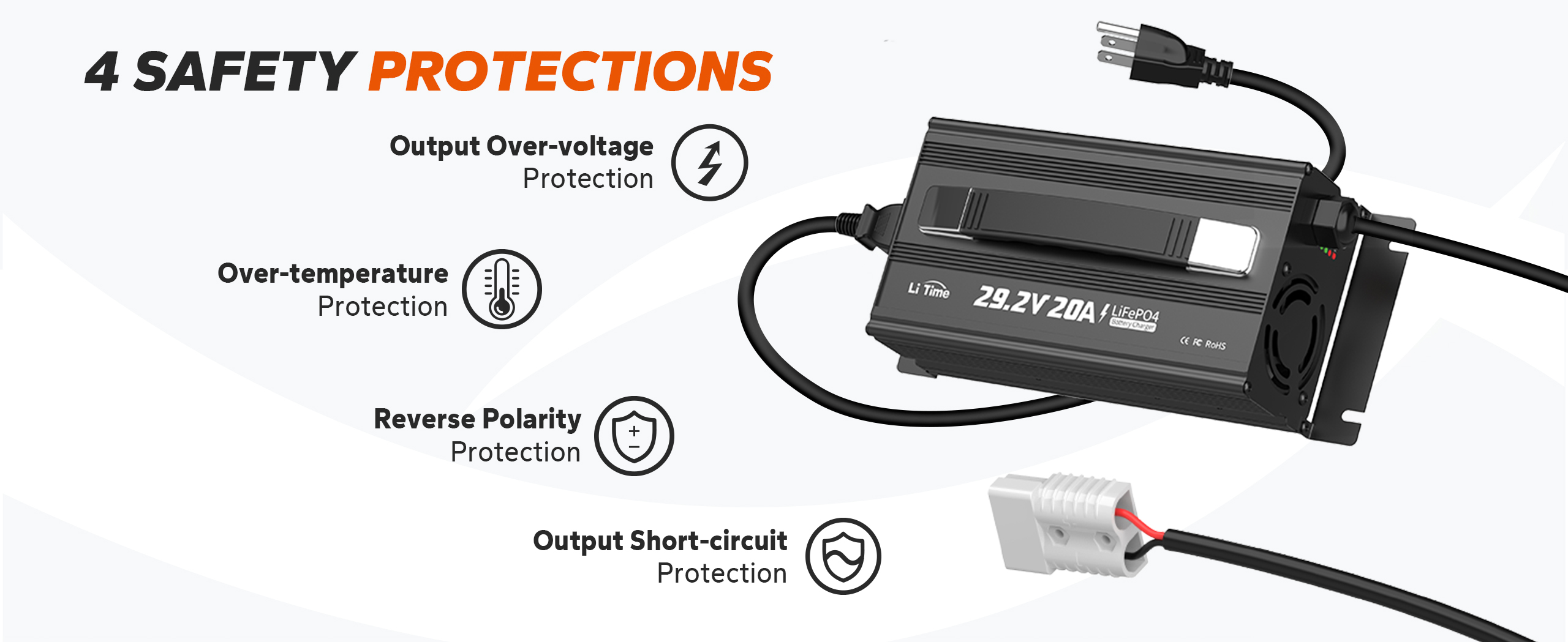 lithium battery charger with protections against  over-voltage, over-temp, short circuit, reverse polarity