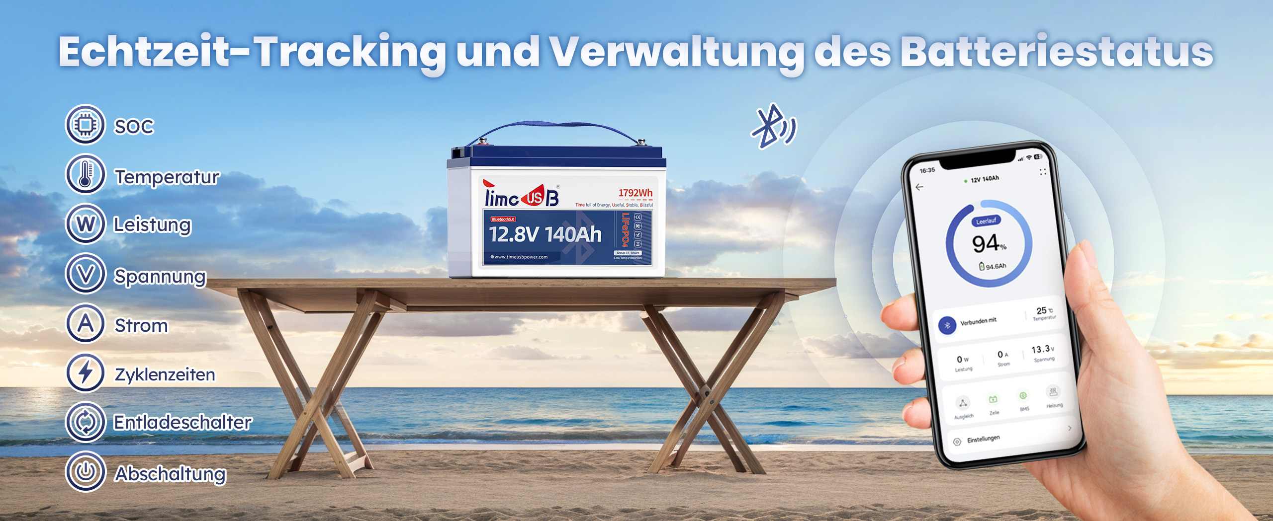 Echtzeitüberwachung von Timeusb 12V LiFePO4 Akku_ 140Ah Batterie Smart