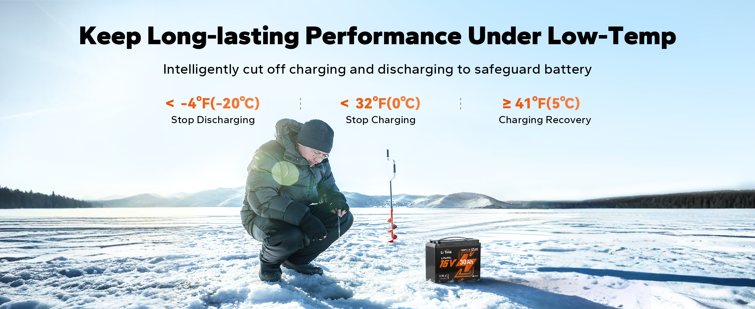 LiTime 16V 30Ah fish finder batteries for winter ice fishing