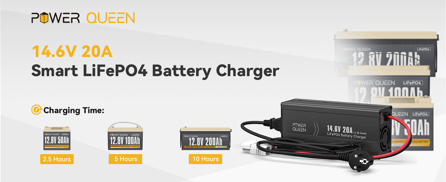 Power Queen 14.6V 20A LiFePO4 Battery Charger For 12V LiFePO4 Lithium Battery