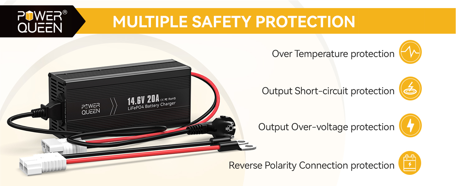 Power Queen 14.6V 20A LiFePO4 Battery Charger For 12V LiFePO4 Lithium Battery multiple safety protection