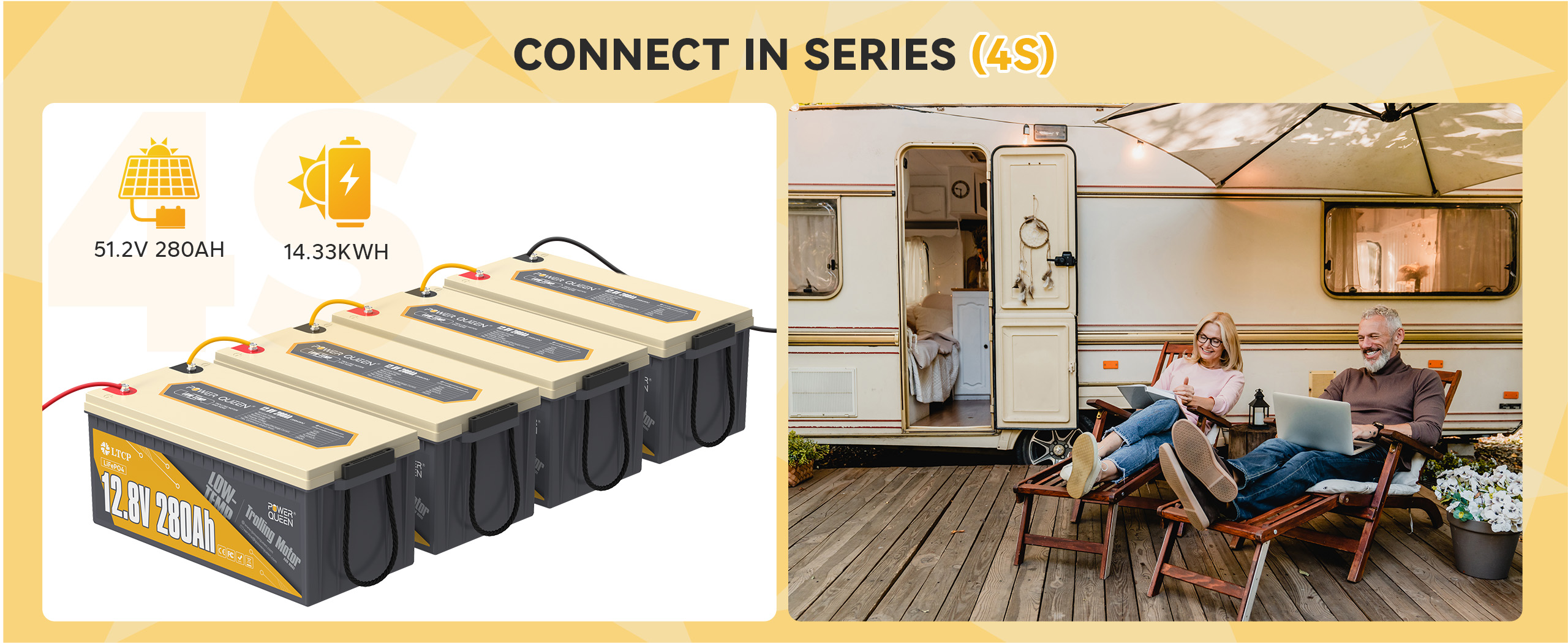 Power Queen 12V 280Ah Low-Temp Deep Cycle Lithium Battery connect in series (4S)