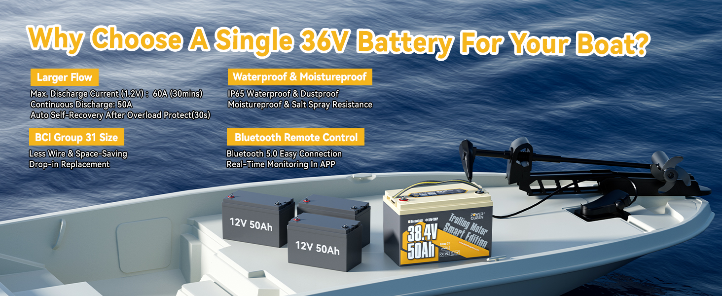 choose Power Queen 36V 50Ah Smart Deep Cycle Lithium Battery as the boat