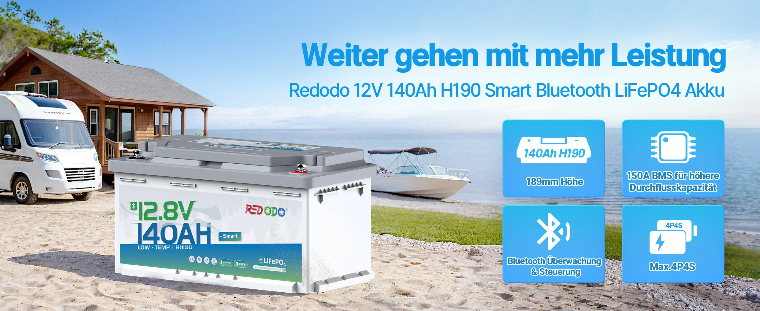 Redodo 12V 140Ah H190 Untersitz Lithium Bluetooth Batterie