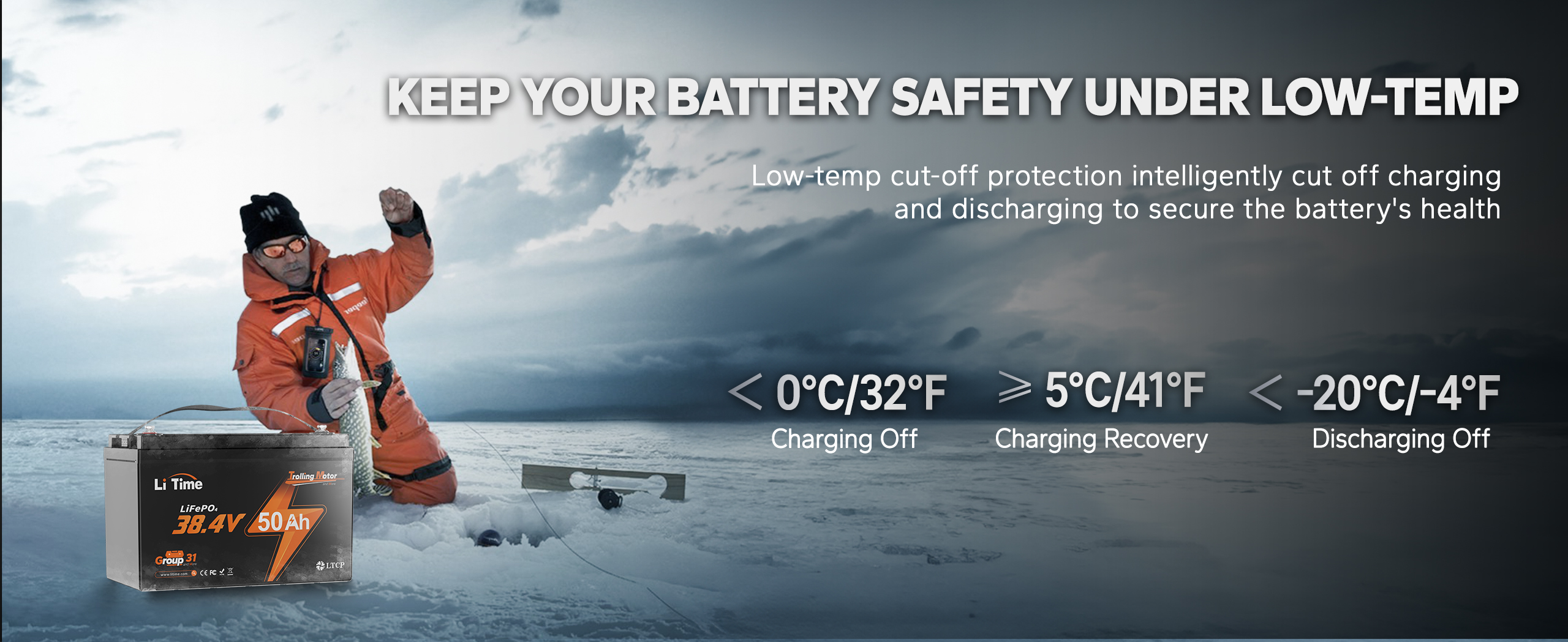 trolling motor battery with low-temperature protection