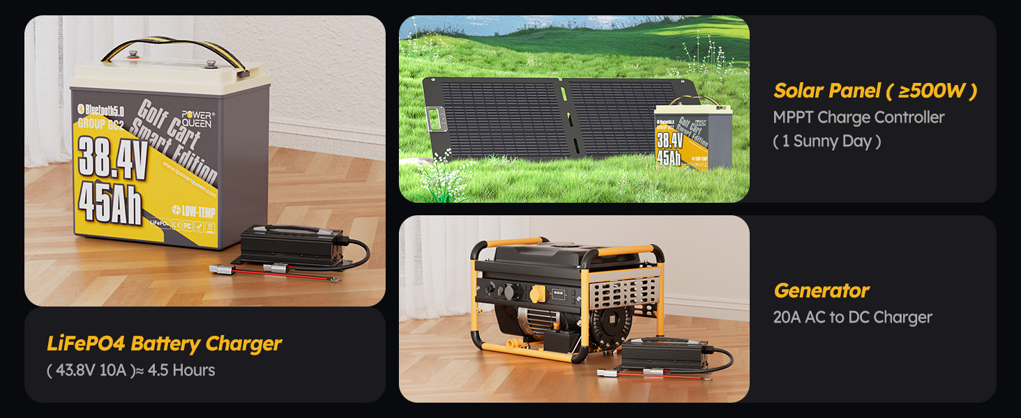 LiFePO4 Battery Charger (43.8V 10A) - Fully charged in approximately 4.5hours;Solar Panel (≥500W) with MPPT Charge Controller - Charges in one sunny day;Generator with 20A AC to DC Charger.