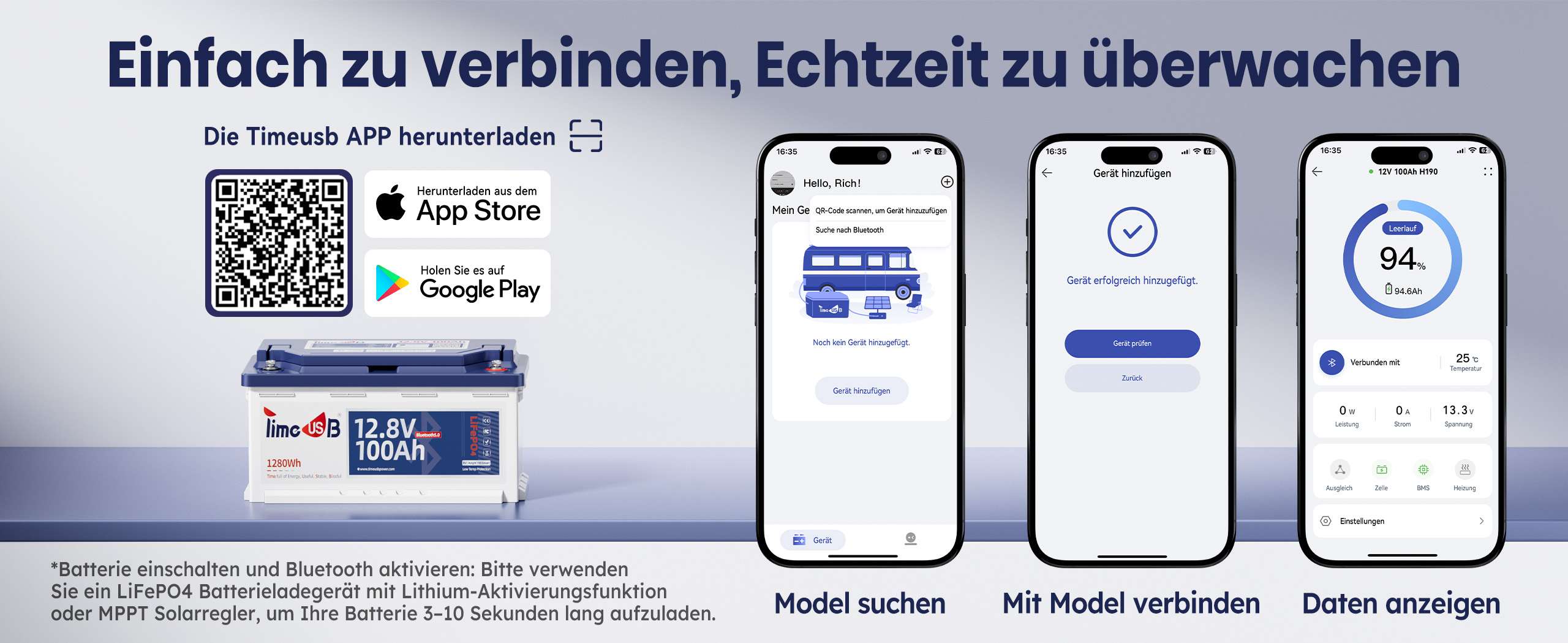 Echtzeitüberwachung von Timeusb 12V LiFePO4 Batterie 100Ah Smart Batterie