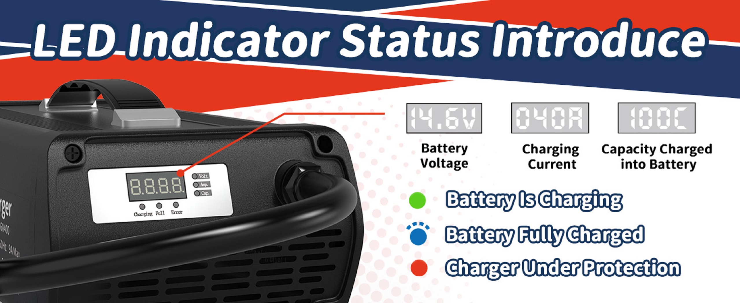 LED indicator status of Timeusb 12V 40A LiFePO4 battery charger