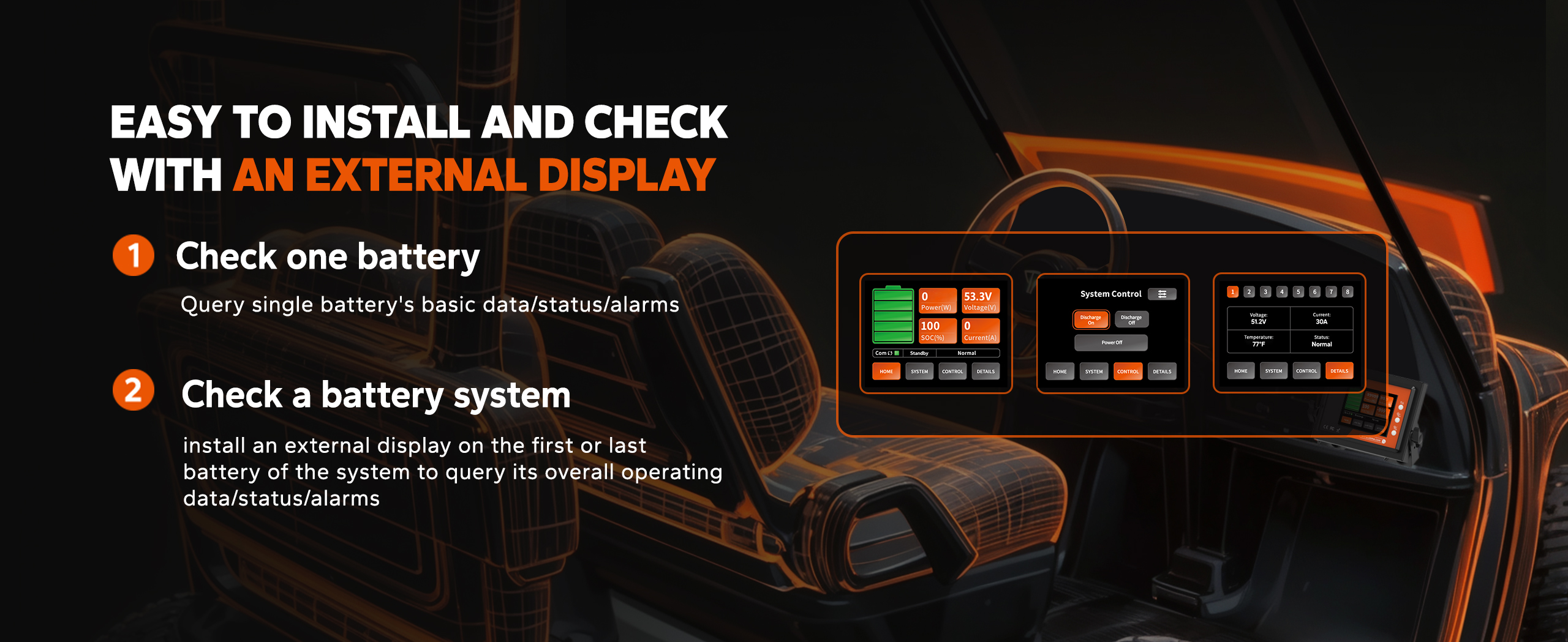 easy installation of an external display for checking battery data and status