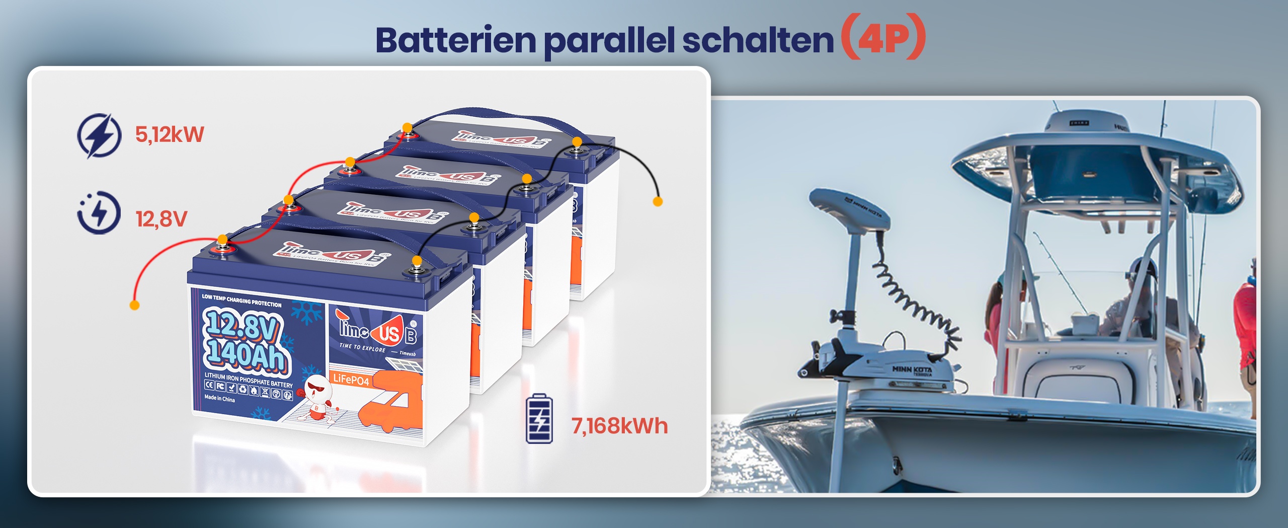 12V 140Ah Batterie in paralleler Schaltung für den Einsatz auf See