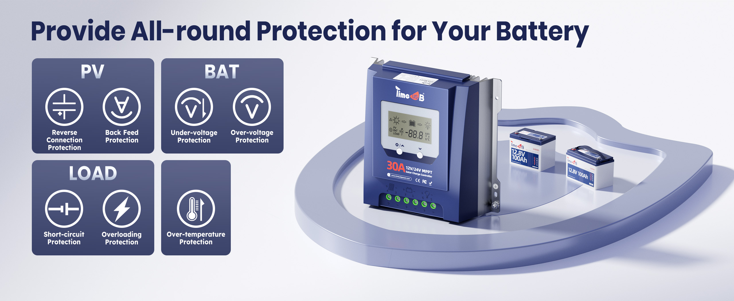 7 protections of Timeusb 12V24V 30A MPPT solar charge controller