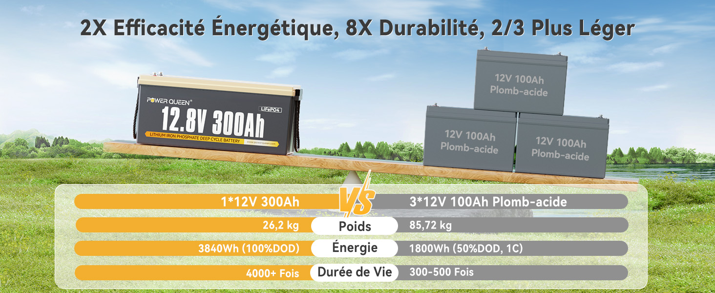 Comparer avec la Batterie Plomb-acide 200Ah, Batterie LiFePO4 12V 300Ah Écologique et Verte