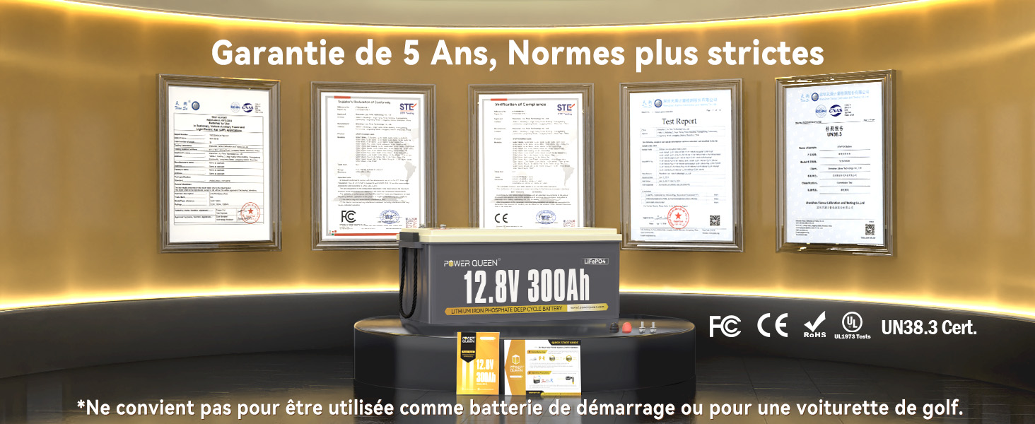 Garantie de 5 Ans, Certifiation FCC, CE, Schéma de Connexion (4P4S), Énergie de 61,44kWh, Batterie LiFePO4 12V 300Ah