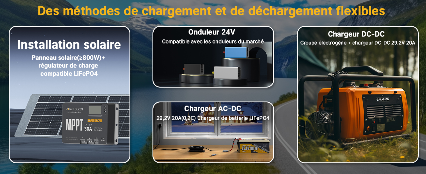 Charge avec Chargeur, Générateur, MPPT, Batterie LiFePO4 24V 100Ah avec Bluetooth