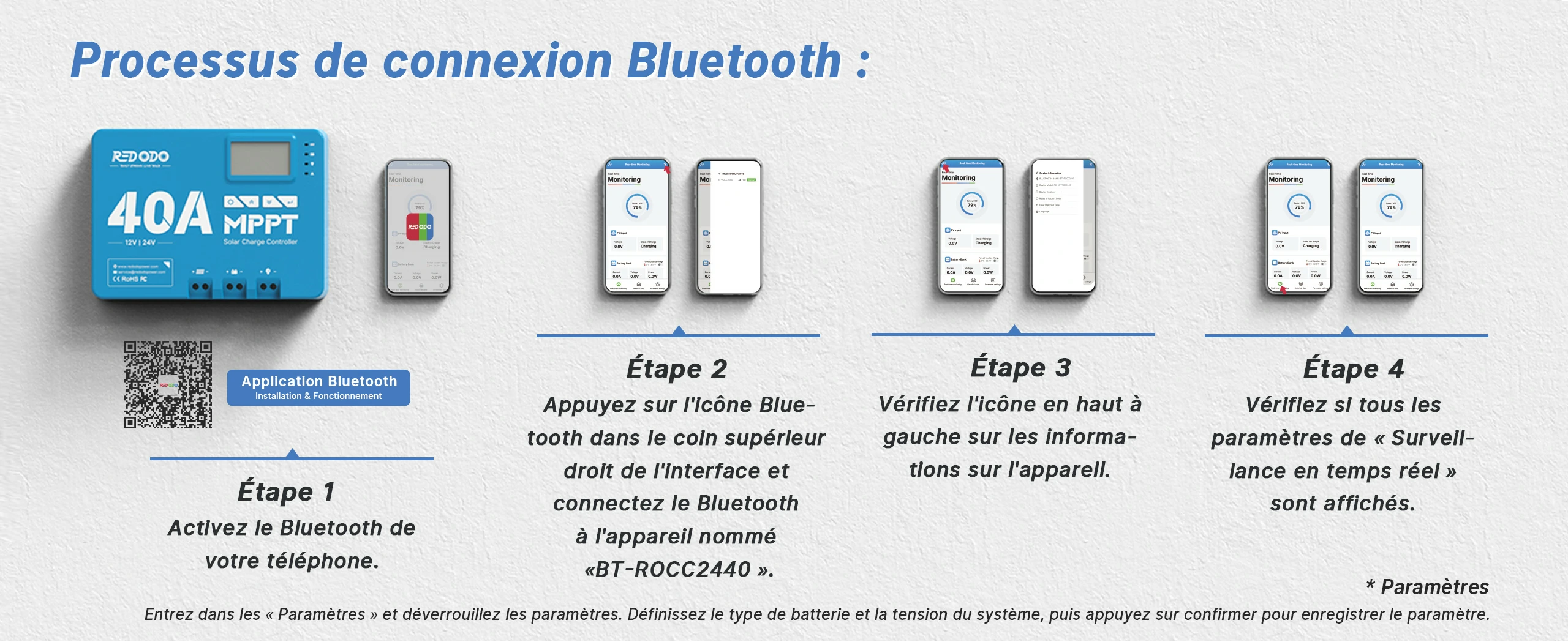 12V 24V 40A MPPT Régulateur Connexion avec Bluetooth