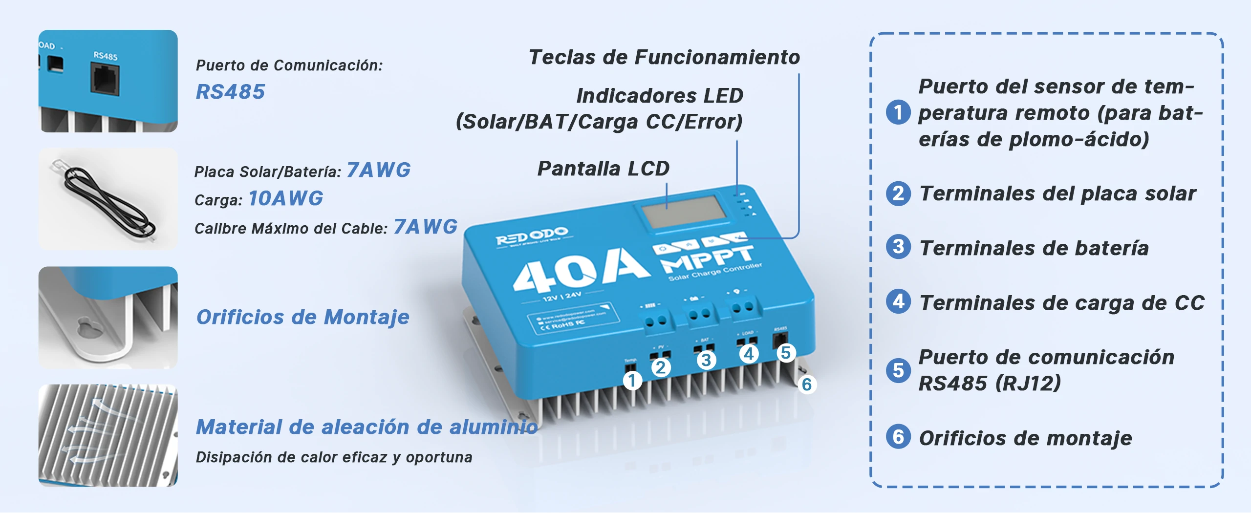 Redodo 40A MPPT 12V/24V con Bluetooth_Especificaciones