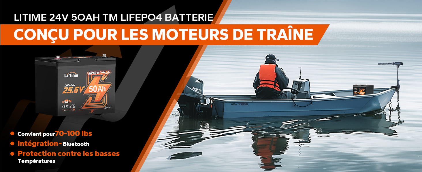 LITIME 24V 50AH TM LIFEPO4 BATTERIE CONÇU POUR LES MOTEURS DE TRAÎNE