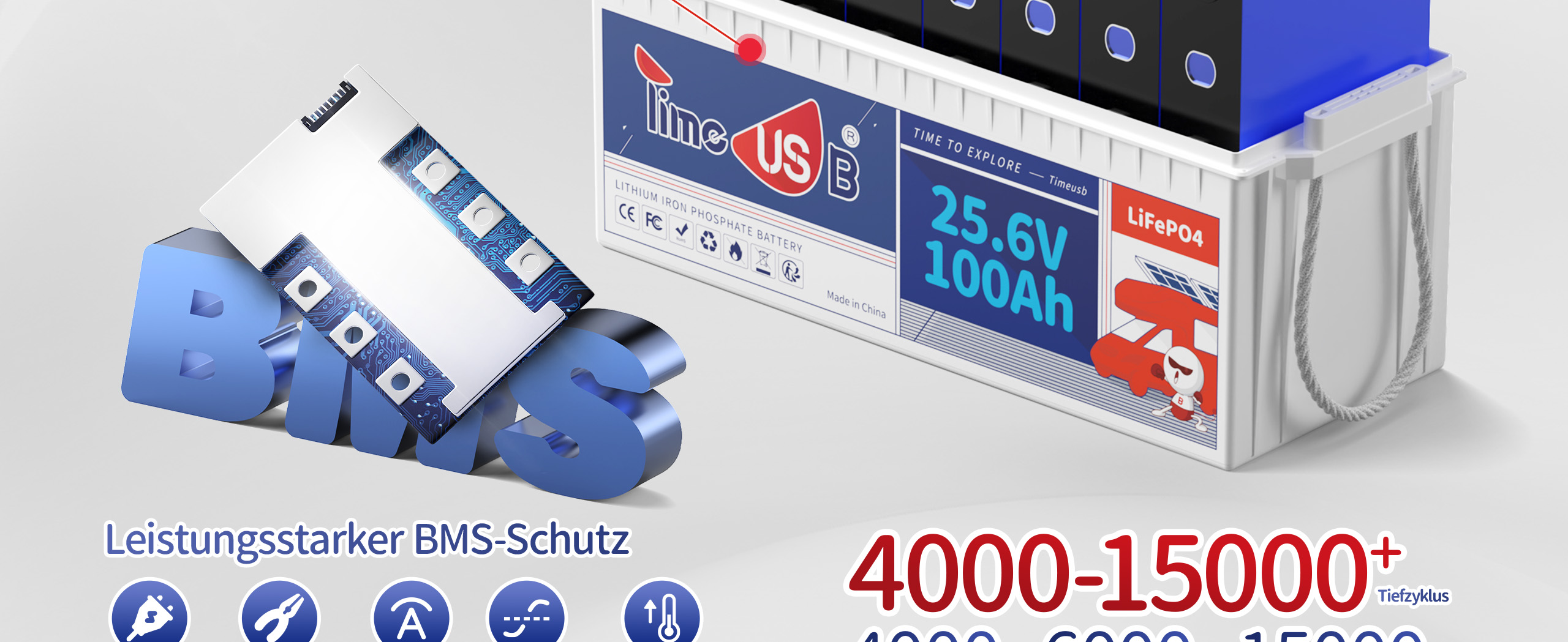 Muti-Schutz 100A BMS von Timeusb LiFePO4 24V Lithium Batterie 100Ah