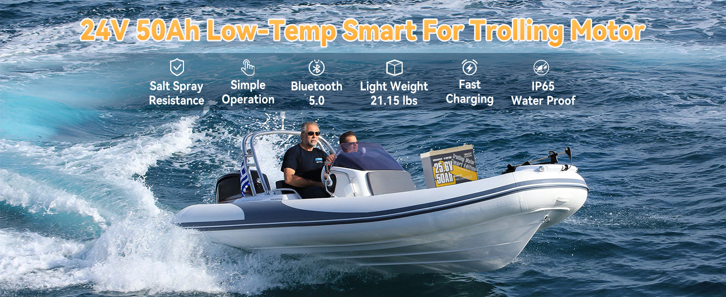 Power Queen 24V 50Ah Smart Deep Cycle Lithium Battery designed for 24V trolling motor