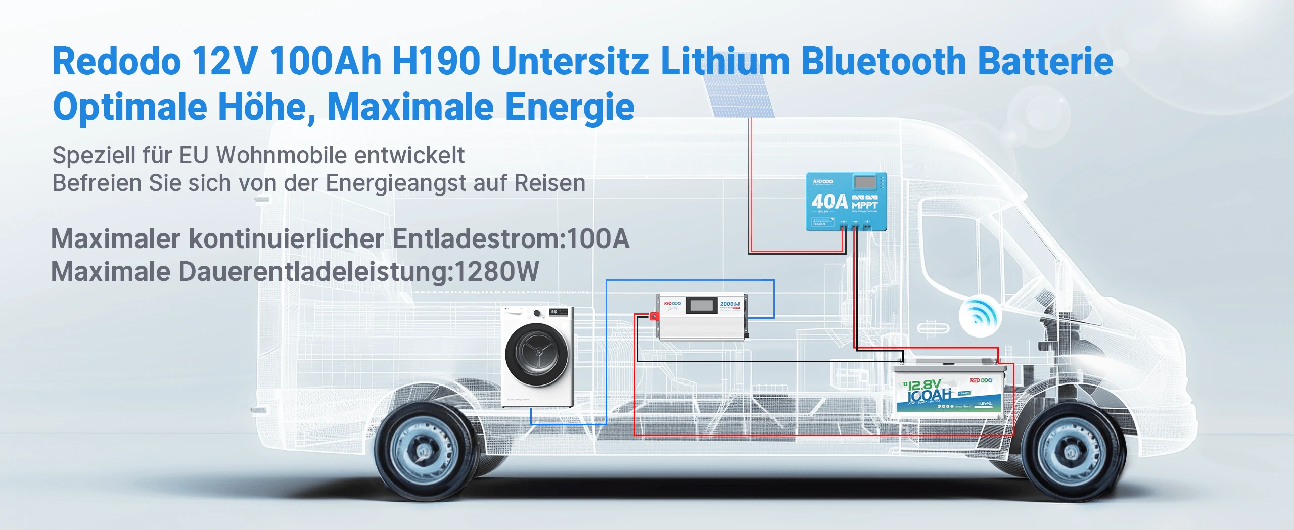 Redodo LiFePO4 12V 100Ah H190 Untersitz Lithium Bluetooth Batterie