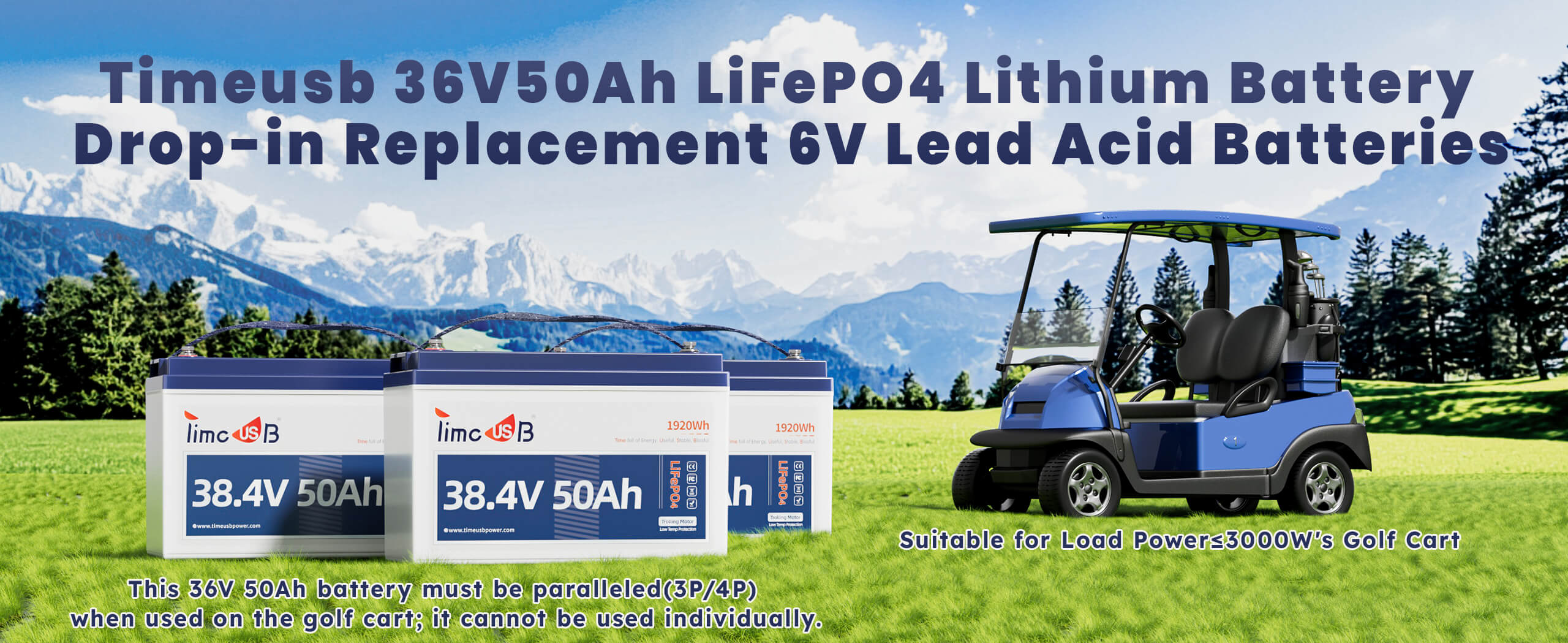 Timeusb 36V 50Ah lithium golf cart battery 3 pack