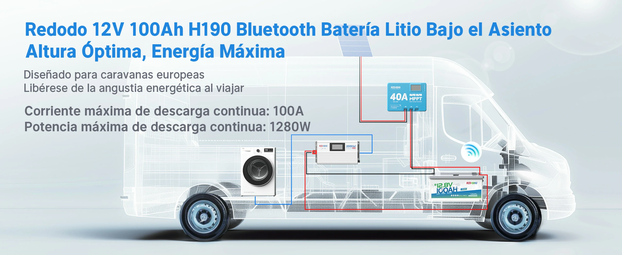 Redodo Batería de Litio LiFePO4 12V 100Ah H190 Perfecta Batería bajo el Asiento- Altura Óptima Energía Máxima, 189mm Altura, Corriente de Descarga Continua 100A, Potencia de descarga continua 1280W