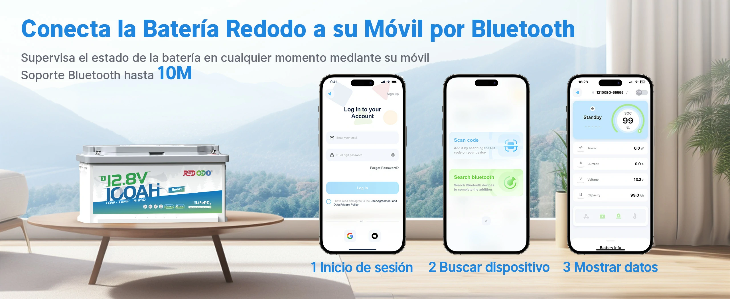 Redodo Batería de Litio LiFePO4 12V 100Ah H190 Perfecta Batería bajo el Asiento - Conecta por Bluetooth al Móvil hasta 10 metros, Supervisa el Estado de la Batería