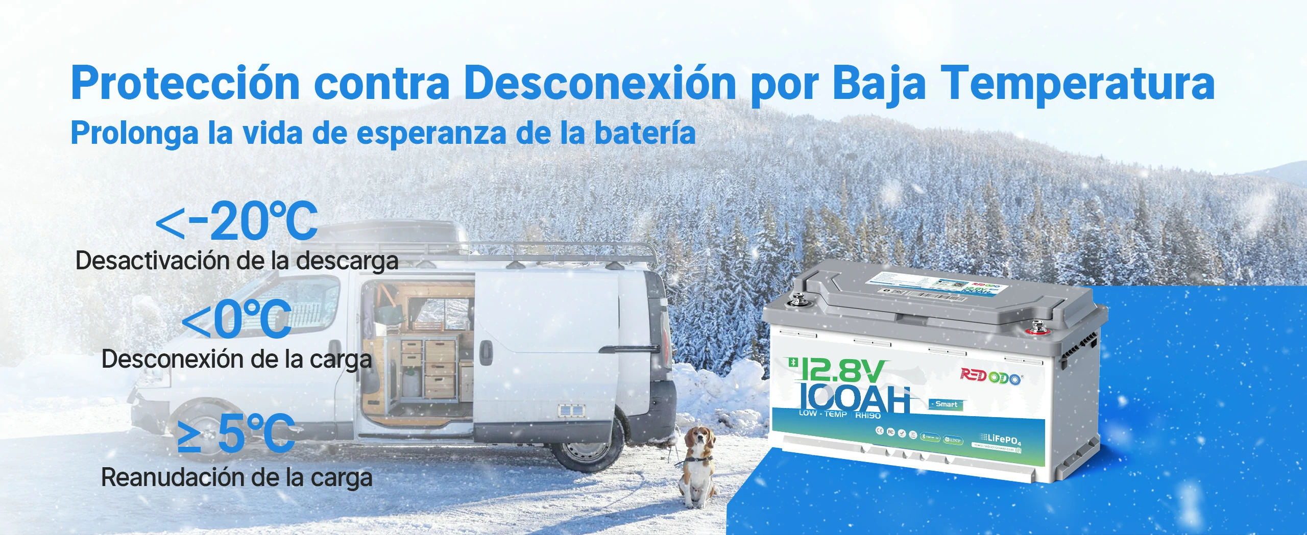 Redodo Batería de Litio LiFePO4 12V 100Ah H190 Perfecta Batería bajo el Asiento - Proteccion de Desconexión contra Baja Temperatura, prolonga la vida de esperanza de la batería