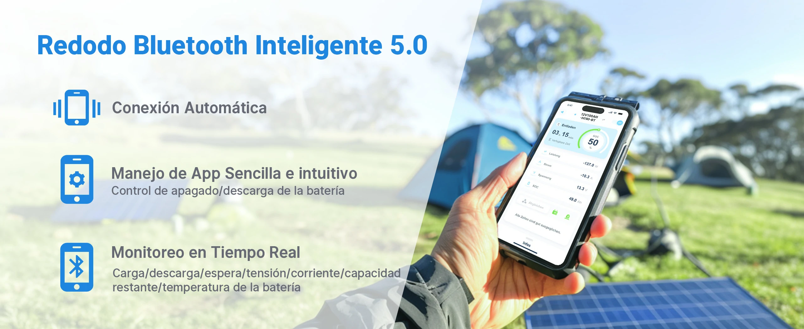 Redodo Batería de Litio LiFePO4 12V 100Ah H190 Perfecta Batería bajo el Asiento - Bluetooth Inteligente, Conexión Automática, Manejo de APP Sencilla e Intuitivo, Monitoreo en TIempo Real