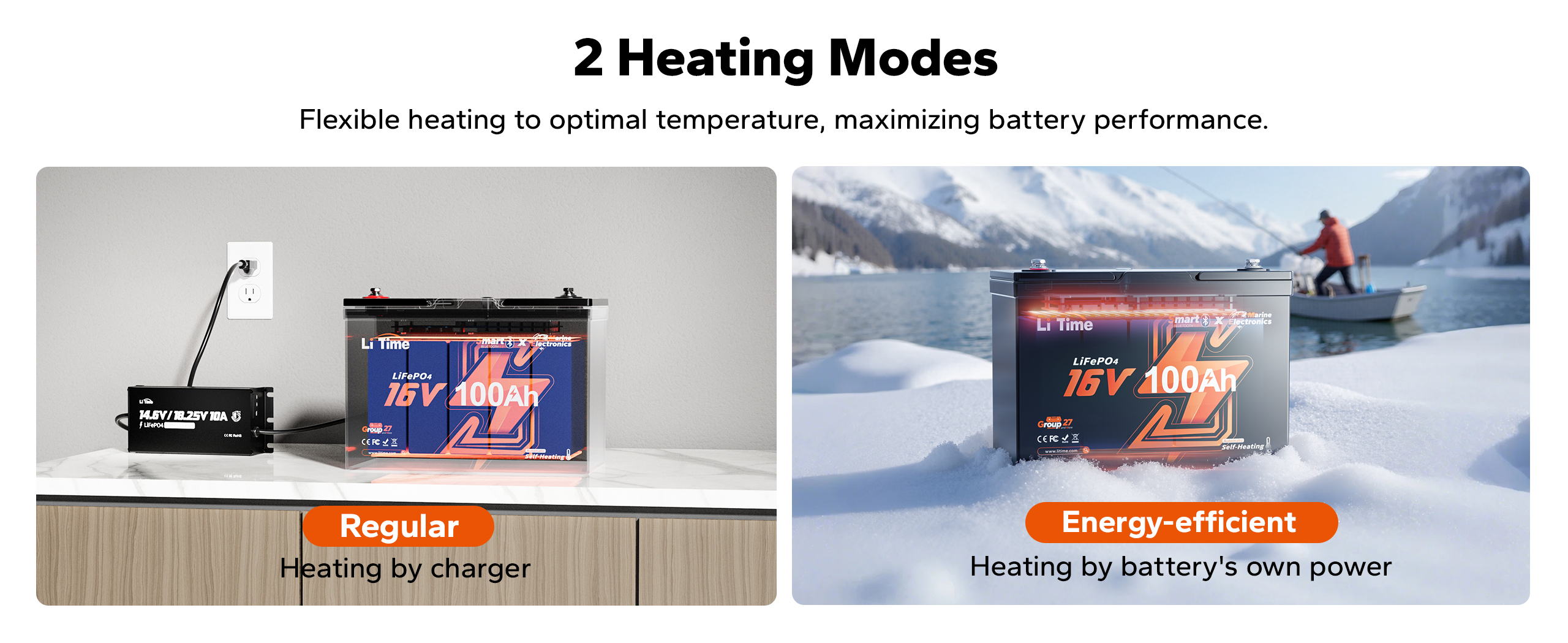 2 heating modes of litime 16v 100ah kayak fish finder battery for optimal temperature and enhanced performance